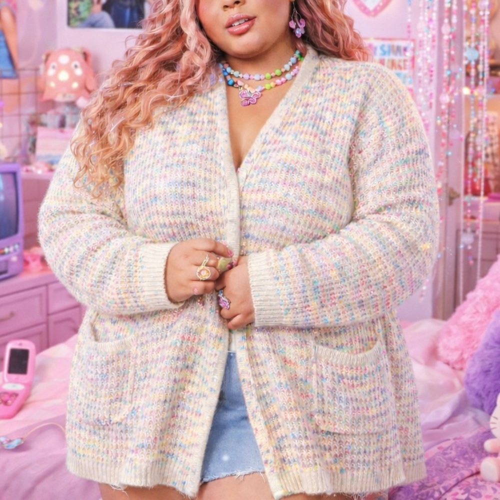 🍓 5 FOR $40 ANDREE BY UNIT Pastel Multicolor Tinsel Open Cardigan Sz. Large